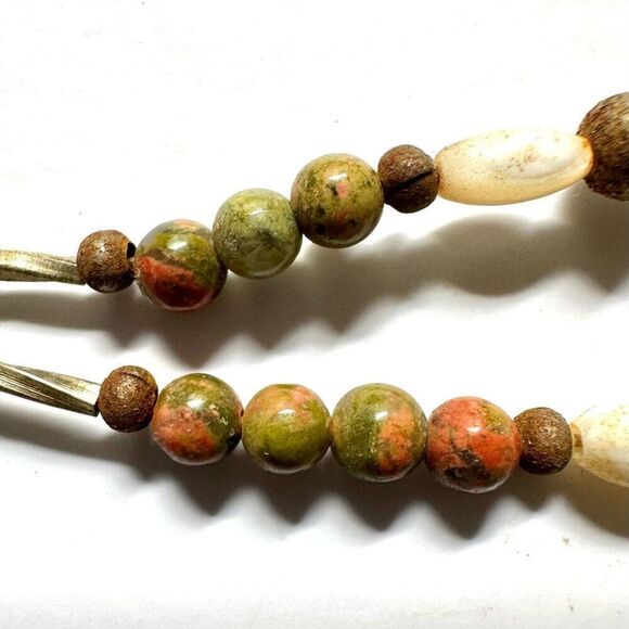 Unakite mother of pearl silver tone double strand  necklace - Picture 4 of 10